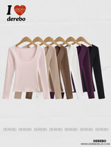 deep wide-neck slim long-sleeved knit shirt