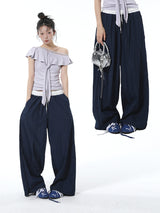 Summon Oak American-style spliced contrast-color casual pants for women, loose straight-cut wide-leg sports trousers with a good draping effect