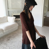 パミールビンテージVネックボタンプリーツ3/4ショートスリーブTシャツ