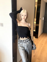 シルバーコーティングデニムロウワイドパンツ