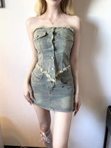 1284. Damage button denim 2pc