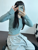 フリース❤サイドシャーリングストライプクロッピードロングスリーブTシャツ 🧸🤎🩶🩵3カラー