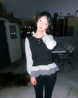 (2color) Check Frill Layered Roll-Up Long Sleeve Tee