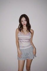 パープルレースストライプスリーブレスTシャツ