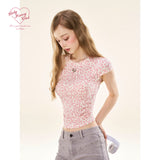 [GirlyFancyClub] Pink leopard print pleated slim fit short sleeve sweet and spicy t-shirt