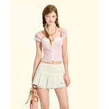 [GirlyFancyClub] French Girl Lace U-neck Pure Sweet Girl Pink Plaid Top Summer
