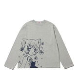 キャットガール & フラワー長袖Tシャツ - グレー