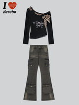 Leopard Scarf Unbalanced Off-Shoulder Long-Sleeved T-Shirt