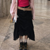 Palace Nylon Shirred Pleated Long Skirt with Lace Hem (2 Colors)