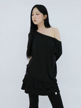 UNBALANCE BUTTON SHOULDER TOP(BLACK)
