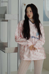 satin pink V-neck block core sweatshirt