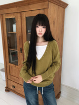 Chemin Button Deep V-Neck Long Sleeve Knit