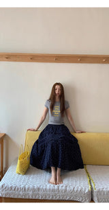 Cozy Navy Flower Frill Long Banding Skirt
