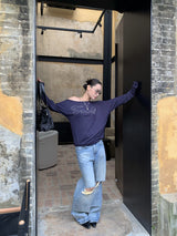 Navy unbalanced off-shoulder beads loose fit sweatshirt