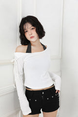 ワンショルダーリボンTシャツ