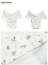 Floral two-piece off-shoulder button short-sleeved T-shirt
