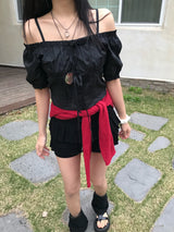Lovely Note Two-Way Square Neck Off Shoulder Ribbon BLouse