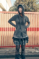 Stripe babydoll hoodie zip-up (Charcoal)