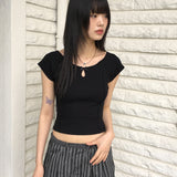ビエホールスリットリボンカットコットンクロップドショートスリーブドtシャツ
