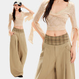 Khaki Check Wide-Leg Elastic Waist Trousers