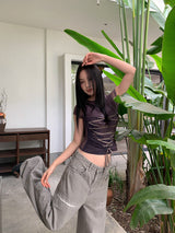 Corset strap back see-through short sleeve T-shirt