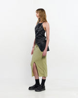 シャーリングレイヤードスリットスカート _ OLIVE GREEN