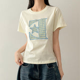 E★ ストライプパッチクロップショートスリーブTシャツ(4 colors)