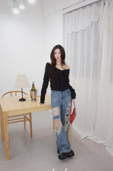 Black Off-Shoulder Cover Long Sleeve T-Shirt