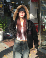 America Dirty Printing Brushed Fur Hood Zip-Up