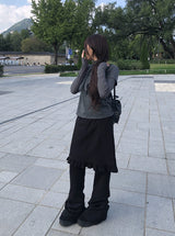 [Muffler Set/Fake Layered] Chad Stripe Layered Short Sleeve Knit T-Shirt Set