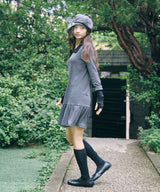 STRIPE ASYMMETRY COLLAR ONE PIECE - BLACK