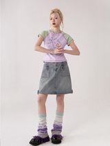 Contrast color printed round neck short sleeve T-shirt