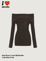 Deep Brown V-neck Off-Shoulder Long-Sleeved Top