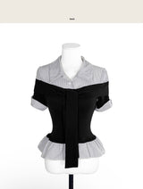 [ office look🖤 ] elio off-tie roll-up layer sh / top