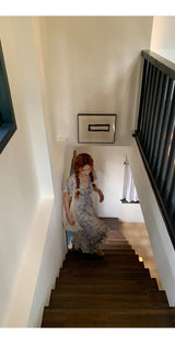 French flower shirring wrap dress