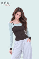 Green block layer long-sleeve T-shirt