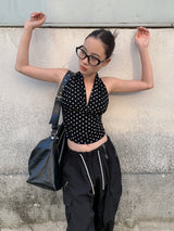 dot halter sleeveless V-neck top