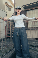 Tucked denim pants (Blue)