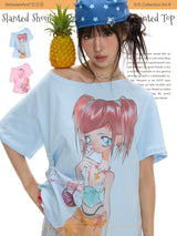 BETWEENAND スラウチーショルダー ライトウェイト カートゥーンガール プリント サマー Tシャツ