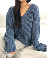 Dame Cable Knit V-Neck Loose-Fit Long Sleeve Long Knit