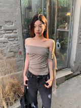 リボンアンバランスオフショルダーワンショルダートップ