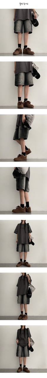 [S-2XL/Long, Basic, Short] ルーカスウォッシングカーゴワイドデニムハーフパンツ
