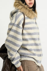 Stripe fur crop hood zip-up
