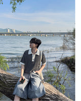 Windy Buckle Stripe Collar Short Sleeve Knit