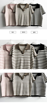 Bendy Stripe Danjara Collar Short-Sleeved Knitwear