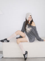 Rose Angel Oversized-fit Off-Shoulder Long Sleeve T-shirt