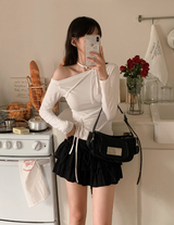 Ribbon Strap One Shoulder Slim T-Shirt (3color)