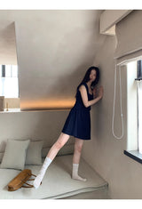 Navy Round Square Flared Dress