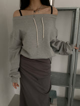 Off-shoulder cotton training band string sweatshirt (2 colors)