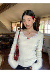 Mink Cuffs Square Neck Lace Long Sleeve T-shirt